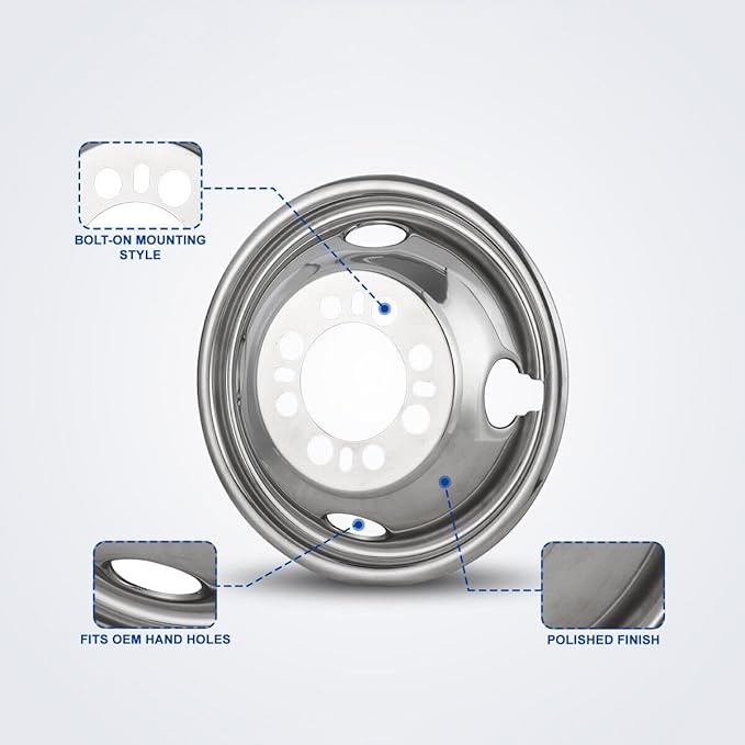 Set of 4 16inch Stainless Steel Dually Wheel Simulators, 8 Lug 4 Hand Hole Hubcaps Cover Fit for 74-00 Chevy GMC 3500, 74-98 Ford F350, 08-21 Ford E350/E450 Van, 74-99 Dodge Ram 3500