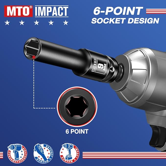 MTO 1/2" Drive 9mm Deep Impact Socket, 6 Pt. Metric Socket, CR-MO Steel & Anti-Corrosion Coating for Heavy-Duty Use