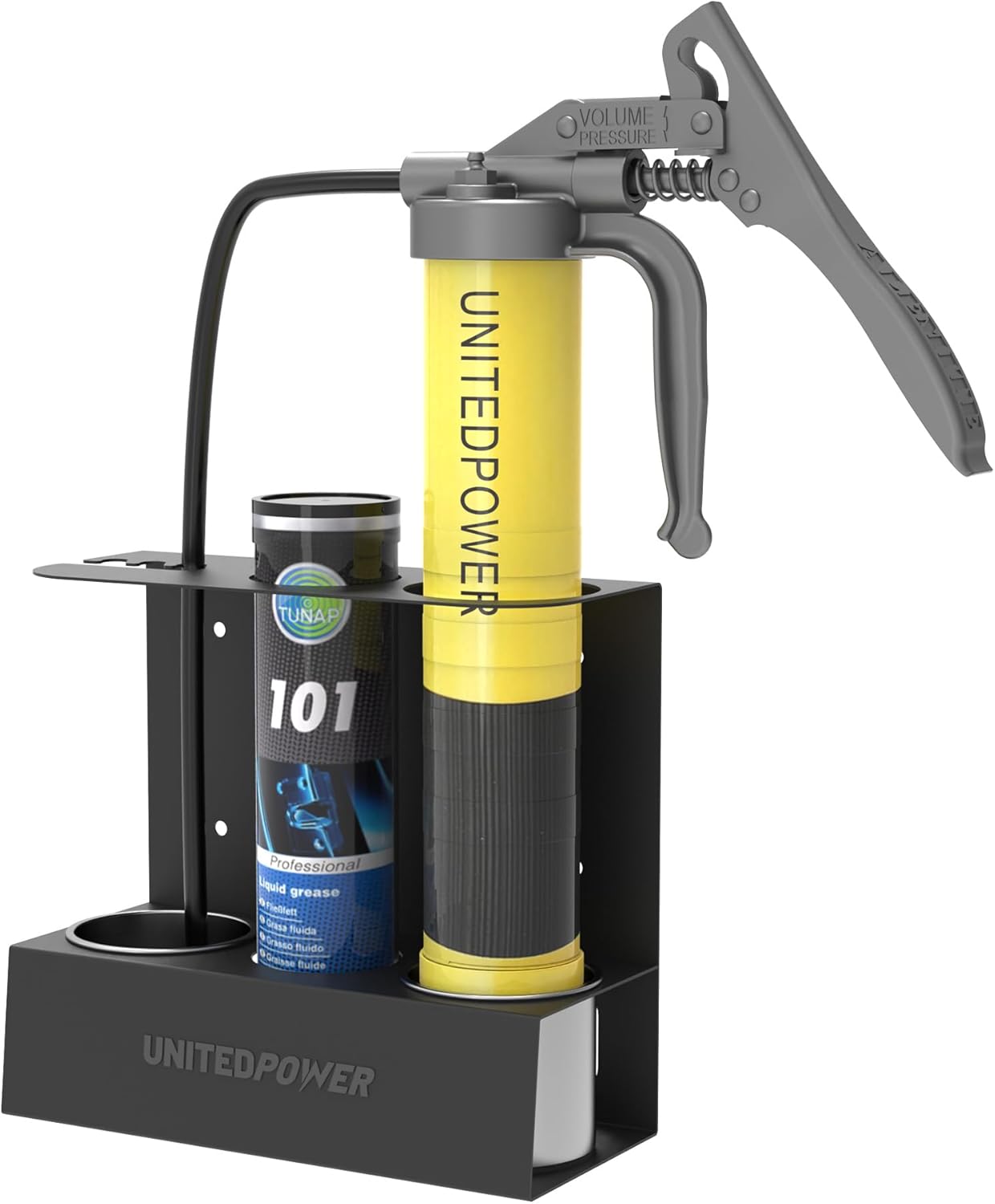 UNITEDPOWER Grease Gun Holder, Wall Mount Grease Gun Storage Rack, Organizer for Workshop, Shop, Garage with Removable Drip Cups & Spare Cartridge Holder