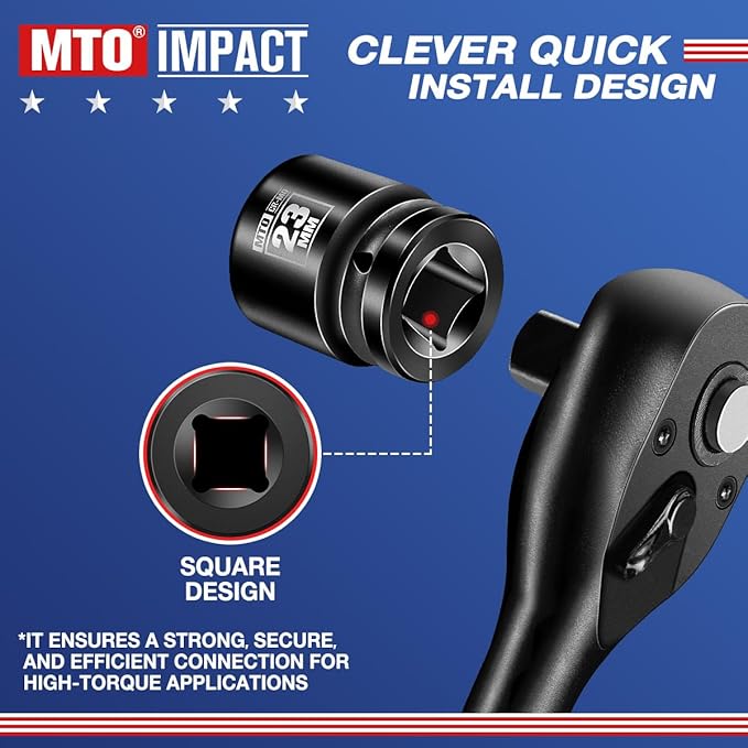 MTO 1/2" Drive 23mm Shallow Impact Socket, 6-Point Metric Socket, CR-MO Steel & Anti-Corrosion Coating for Tight Spaces and Heavy-Duty Tasks