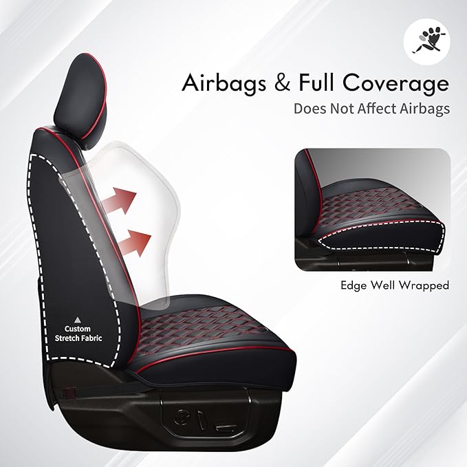 Huidasource Full Coverage F150 Seat Covers Cushion Protector Fit for 2015-2025 Ford F150 SuperCrew & 2017-2025 F250 F350 F450 Super Duty Crew Cab XL XLT Lariat King Ranch Platinum(Full Set/Black&Red)