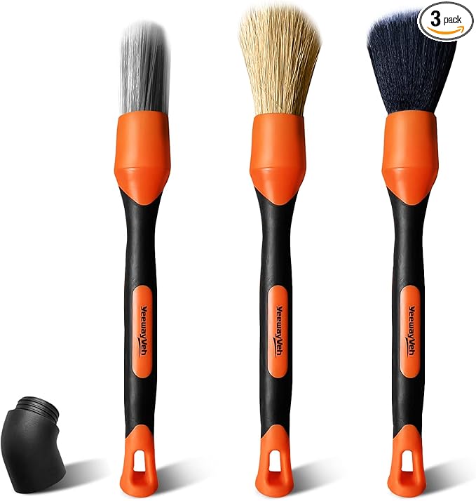 YeewayVeh 3pcs Car Detailing Brush Set, Boar Hair, Soft & Sharpened Bristles, Elbow Connection, Orange