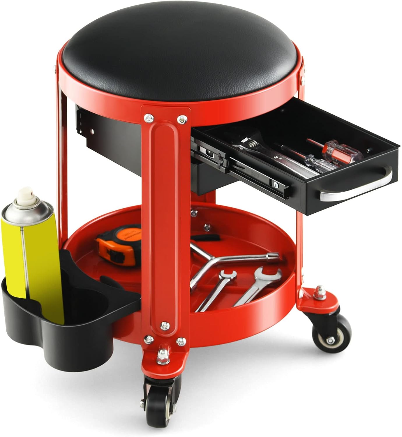 S AFSTAR Garage Shop Roller Seats, Adjustable Pneumatic Rolling Creeper Stool W/Removable Padded Seat, 2-Direction Drawers, Twin Can Holder, Round Mechanic Rolling Stool, 330 LBS Max Load