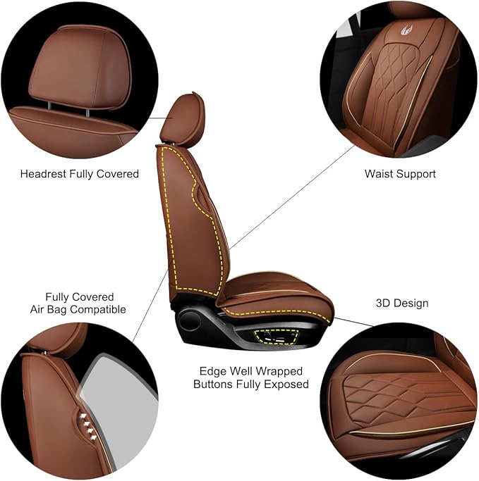 OASIS AUTO Car Seat Covers Full Set Premium Waterproof Faux Leather Cushion Universal Accessories Fit SUV Truck Sedan Automotive Vehicle Auto Interior Protector (OS010-Brown)