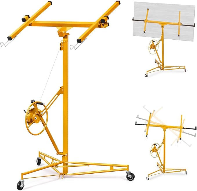 16FT Drywall Lift Sheetrock Lift, 150LBS Capacity, Drywall Lift Panel Hoist with Telescopic Arm, Drywall Jack Lift with 3 Lockable Wheels for Home Improvement, 4'x16' Panel Size, Yellow