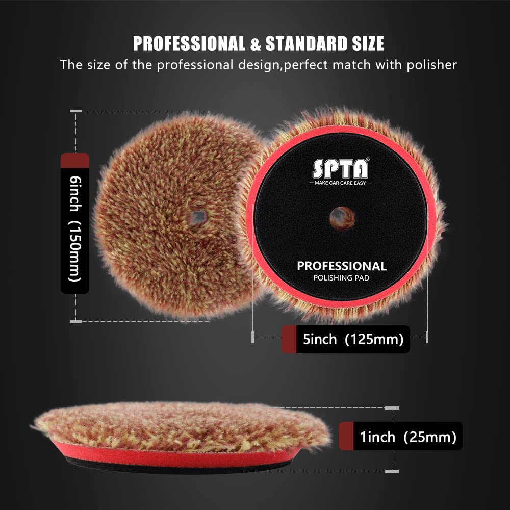 SPTA Wool Polishing Pads, 2Pcs 5 Inch (125mm) Wool Cutting Pad, Long Hair Wool Buffing and Polishing Pad Set, Wool Buffing Wheel for Heavy Cut for 5 Inch Car Polisher Polishing, Buffing and Cutting