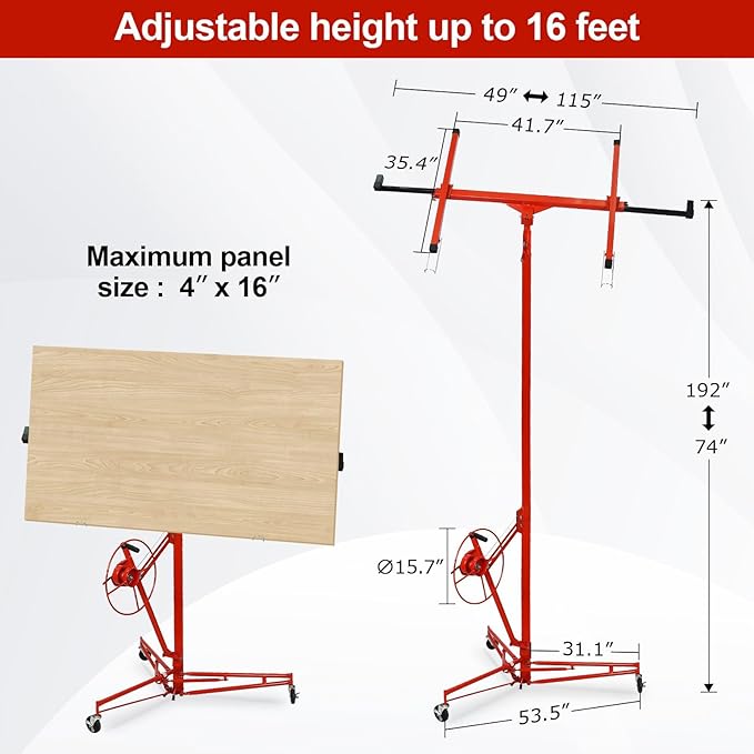 16FT Drywall Lift Sheetrock Lift, 150LBS Capacity, Drywall Lift Panel Hoist with Telescopic Arm, Drywall Jack Lift with 3 Lockable Wheels for Home Improvement Classic, 4'x16' Panel Size, Red