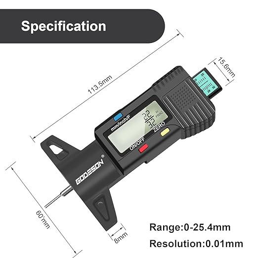 GODESON Digital Tire Tread Gauge,3 Modes: Fractional Inch, Decimal Inch, Millimeter -Color-Coded Bar-Accurate Tire Depth Gauge for Cars, Trucks, Vans, SUVs