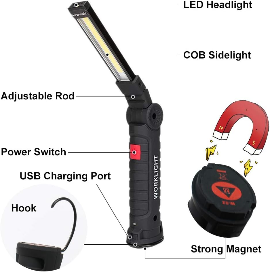 Lebote LED Work Light,COB Rechargeable Work Light with Magnetic Base 360°Rotate and 5 Ligting Modes Portable Work Light Inspection Light for Car Repair, Household and Emergency Use (4 PCS,Large)