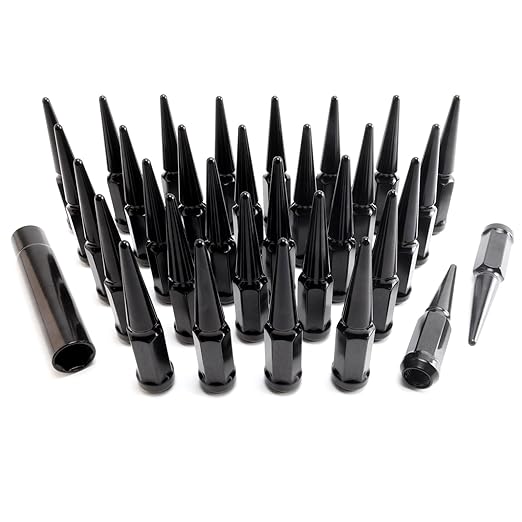 32PCS 14x1.5 Wheel Spike Lug Nuts, Black Spike Lug Nuts M14x1.5 Solid 4.4" Tall Acorn Lug Nut with 1 Socket Key Replacement for Ram 1500 2500 3500, F-150 F-250 F-350, Expedition