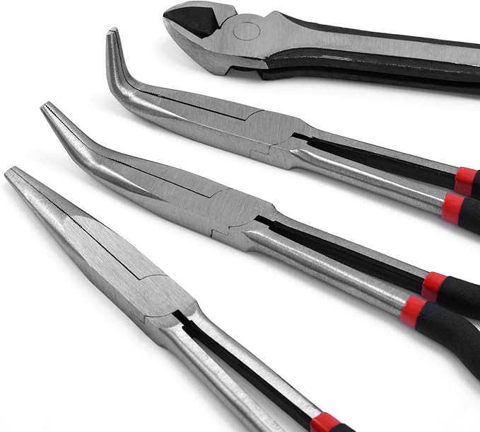 4-Piece 11" Extra Long Needle Nose Pliers Set with Insulated Comfort Grip, Straight Long Reach, 45/90°Bent Nose & Diagonal Pliers for Bending, Shaping & Trimming in Narrow Spaces