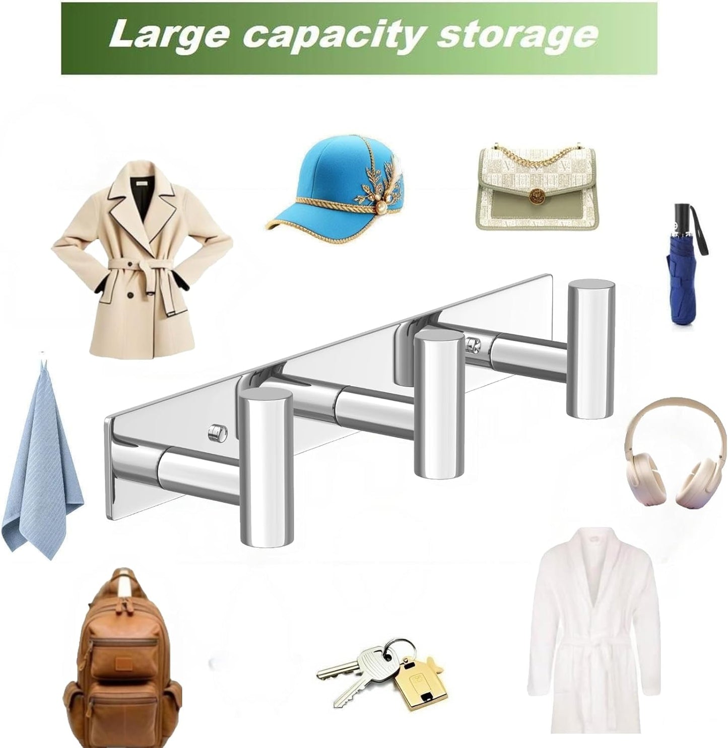 Wall Mounted Coat Rack-3 Hooks, Heavy Duty Stainless Steel Hook Rail for Towel Coat Hat Purse Bag Jacket, Towel Hooks for Entryway Bathroom Kitchen (Glossy 3 Hooks - 1 Pack)