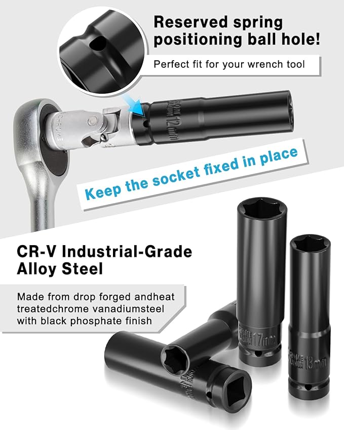 Lytool 10 Pieces 1/2" Drive Deep Impact Socket Set, Metric,Cr-V Steel, 6-Point, 8mm to 17mm, with Storage Cage