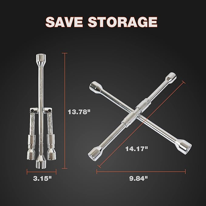 Folding Lug Wrench 4 Way,14-Inch SAE + Metric Tire Cross Wrench Universal and Foldable Wheel Wrench for Car,Trucks…