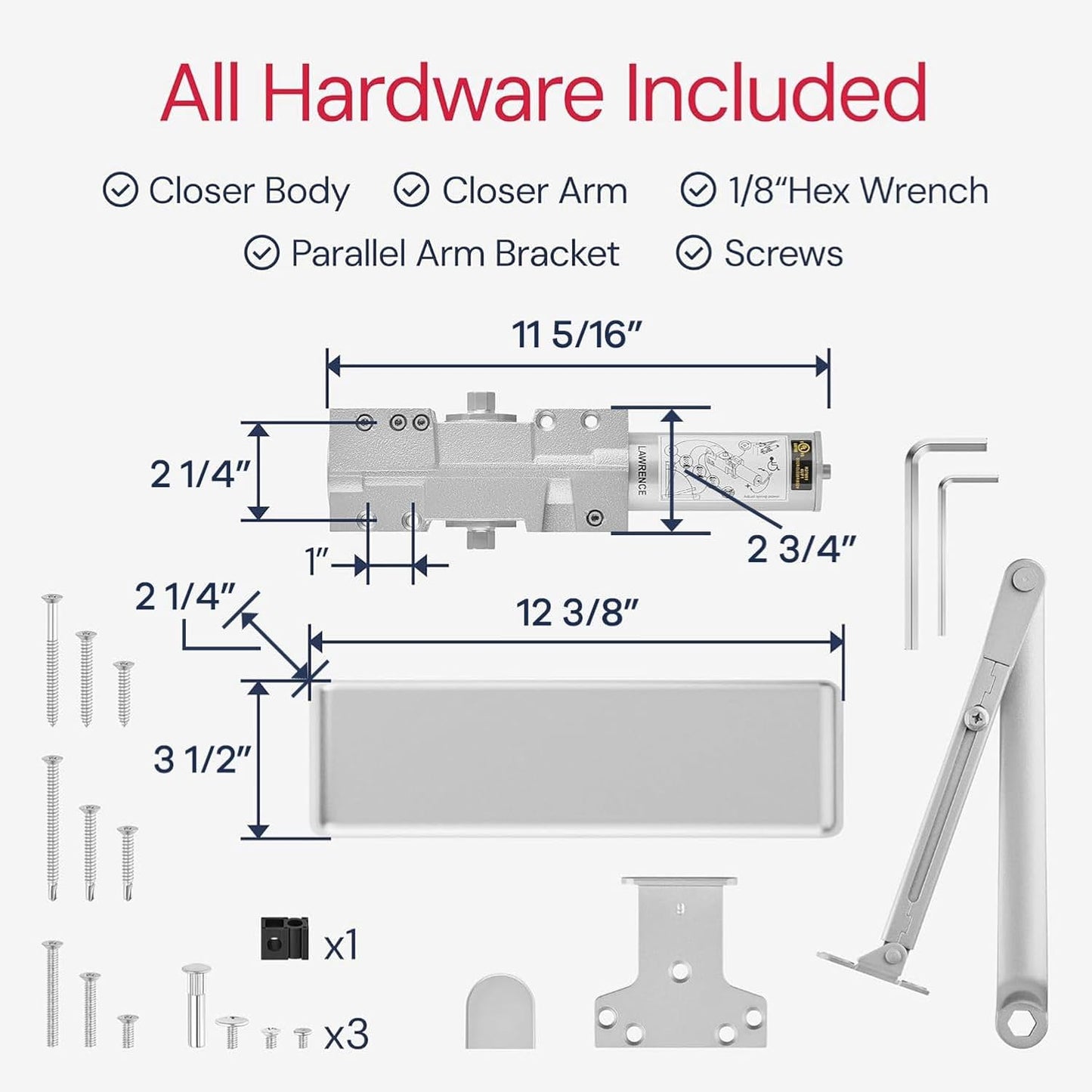 Lawrence Extra Heavy Duty Door Closer Commercial Grade 1 - Adjustable 6-Speed Delayed-Action Door Control with 3 Pistons – Flexible Installation with Included Hardware - Embassy Series LH8016