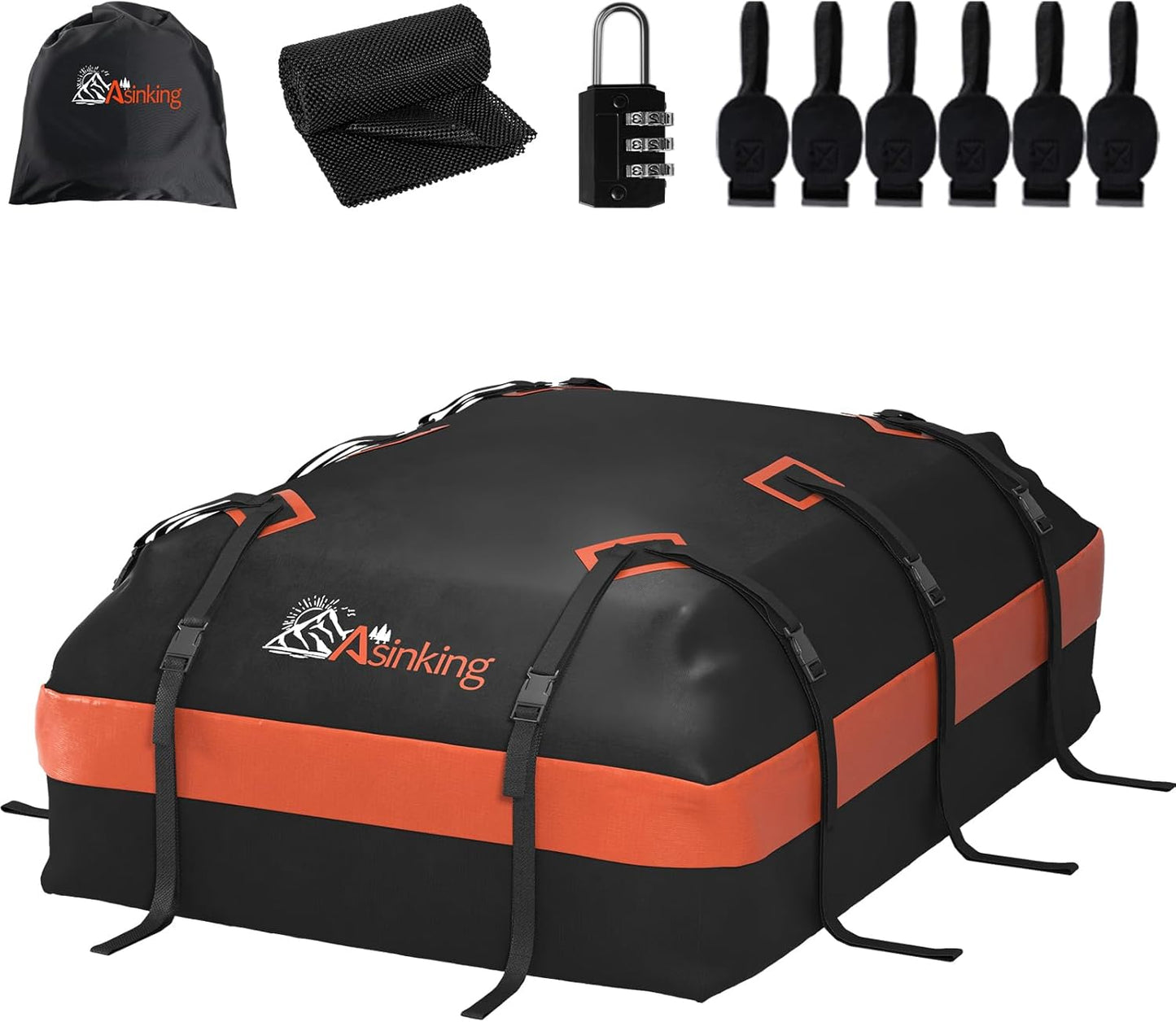 Asinking Car Roof Bag Rooftop top Cargo Carrier Bag 15 Cubic feet Waterproof for All Cars with/Without Rack, Includes Anti-Slip Mat, 10 Reinforced Straps, 6 Door Hooks, Luggage Lock