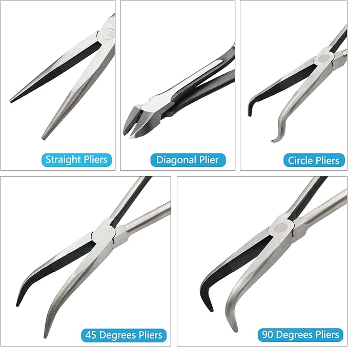 5-Piece 11" Extra Long Needle Nose Pliers Set with Insulated Comfort Grip, Straight Long Reach Plier, 45/90°Bent Nose Pliers,O-shaped nose plier,Diagonal Plier for Bending Shaping Trimming
