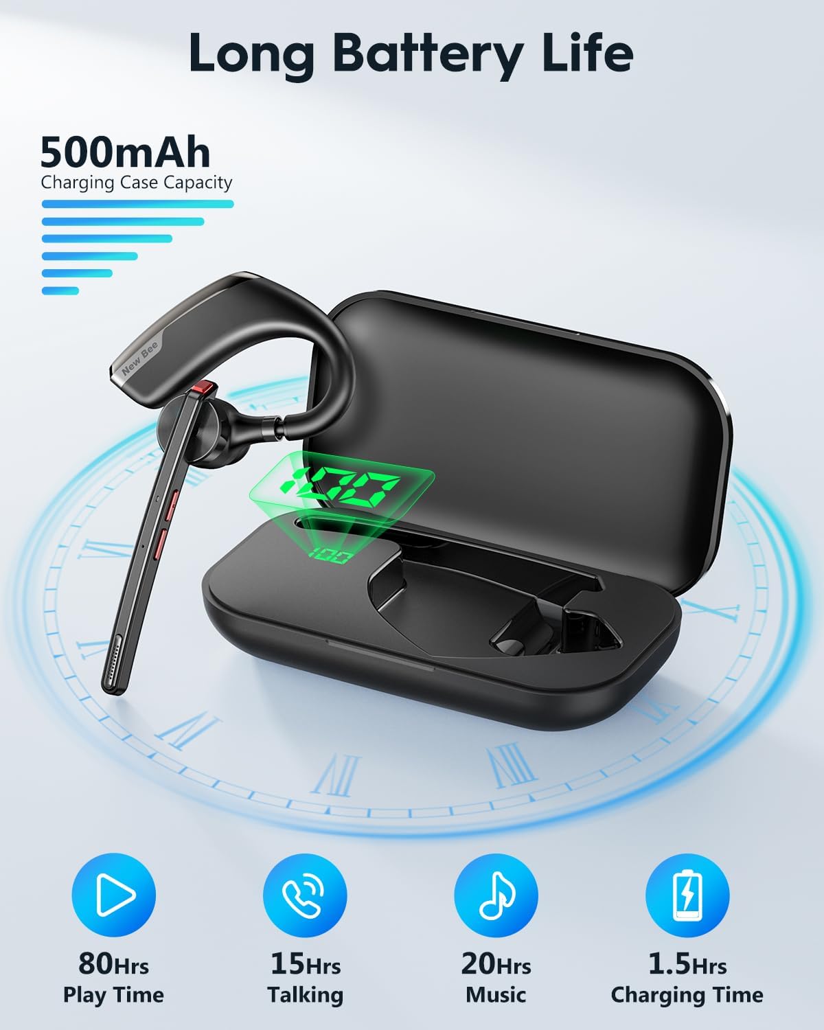 New bee Bluetooth Headset, Wireless Bluetooth Earpiece for Cellphone with 500mah Charging Case 80h Playtime V5.2 Dual Mic Noise Cancelling Hands-Free Earphones for Office Driver