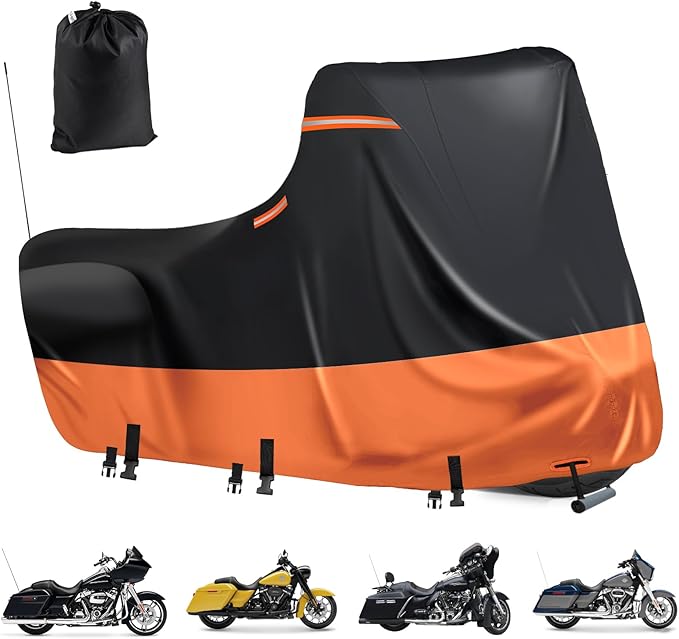 Motorcycle Covers Waterproof Outdoor Storage,600D Nano Silver Inner,Large Motorcycle Cover,fits Street Glide,Road Glide, Road King Special,Sports Motorcycle Cover,Side Box(118"x43.3"x56" Black-Orange)