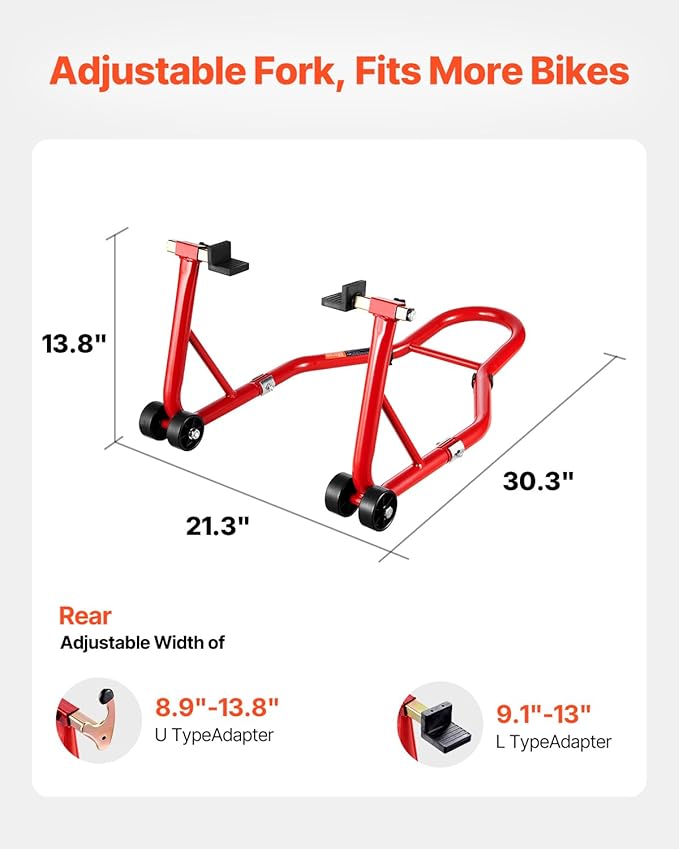 VEVOR Motorcycle Rear Wheel Stand, 850 LBS Load Capacity Heavy Duty Rear Wheel Stand with U + L Fork Swingarm Spool, Adjustabe Motorcycle Lift Jack Stand, for Suzuki Yamaha Honda Kawasaki, Red
