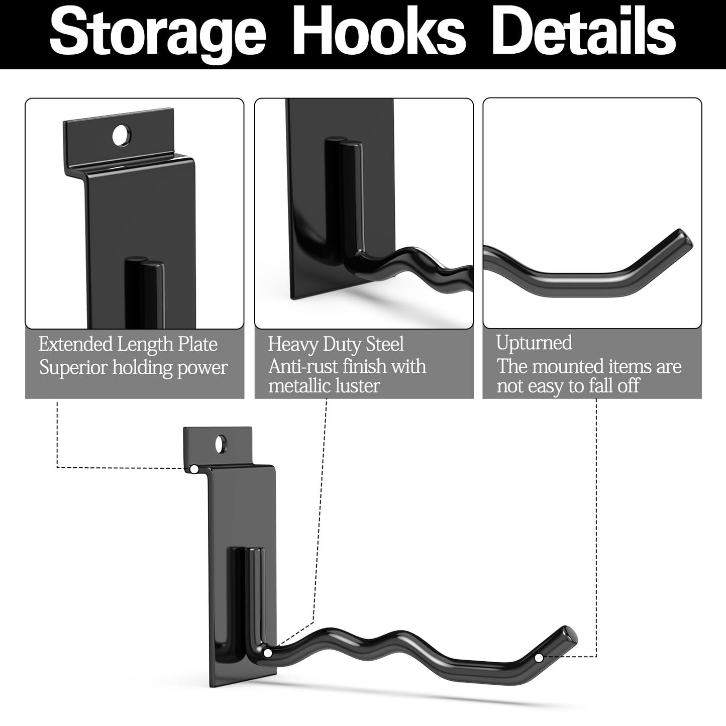 3-H Black Steel Slatwall Hooks, 10 Pack, 4.7 Inch, Heavy Duty, Wave Shape, Proslat Accessories, Retail Display