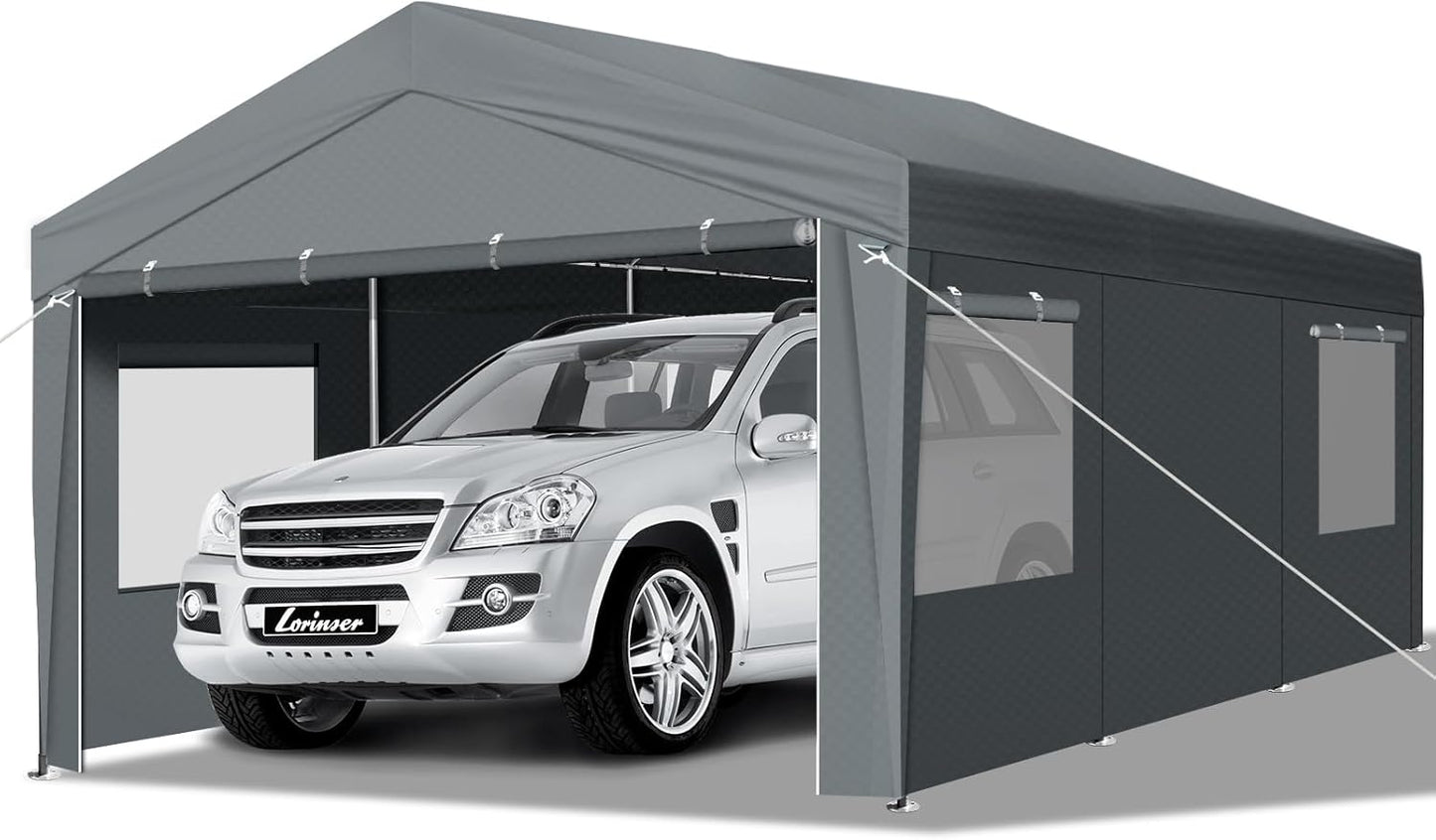 VINGLI 10x20 Carport Canopy Portable Garage with Roll-up Windows & Removable Sidewalls, Car Canopy Heavy Duty Car Tent for SUV, Boats, RVs, Trucks