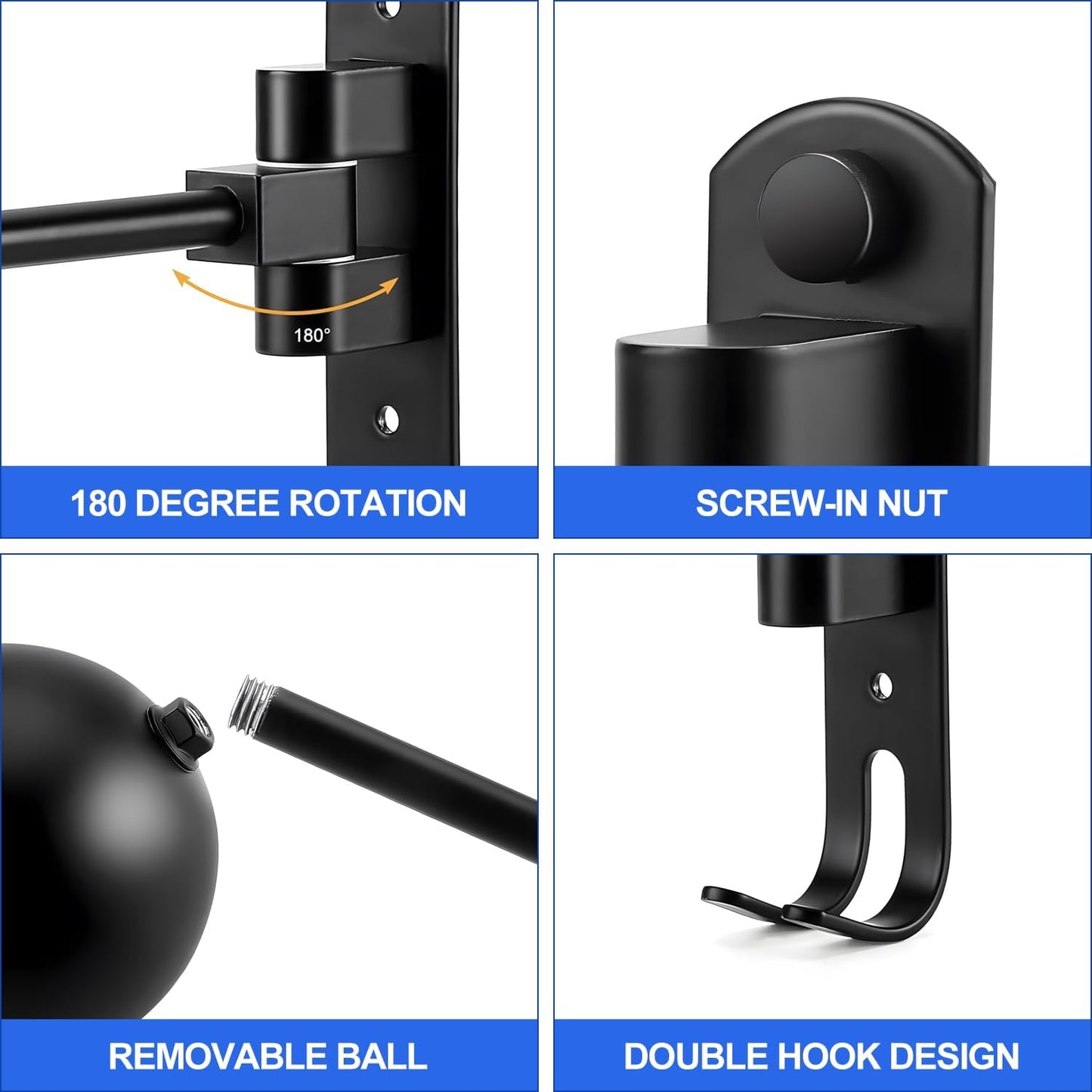 aiGear Motorcycle Helmet Holder, 180°Rotatable Motorcycle Helmet Rack with Double Hooks, Space Aluminum Motorcycle Helmet Holder Wall Mount for Motorcycle Bike Coats, Baseballs, Rugby Helmet (2 Pack)