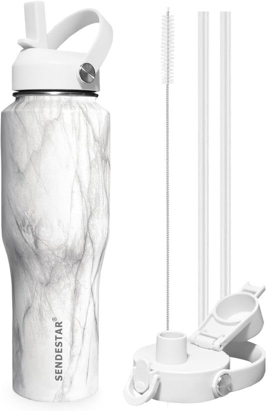 SENDESTAR 32oz Water Bottle Wide Mouth Stainless Steel Vacuum Insulated Double Wall with 2 Straw Lids Fit in Any Car Cup Holder TXIN-32-Marbling