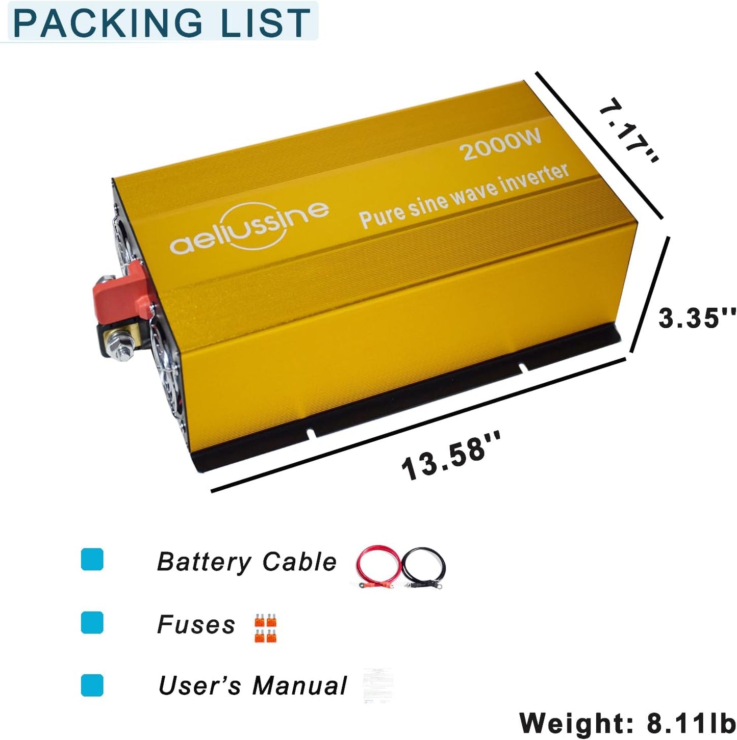 2000W Pure Sine Wave Inverter-36V DC to 110V 120V AC Power Converter with 2 AC Outlets, 36 Volt Power Inverter for Truck, Rv, Camping, Home, Emergency Power