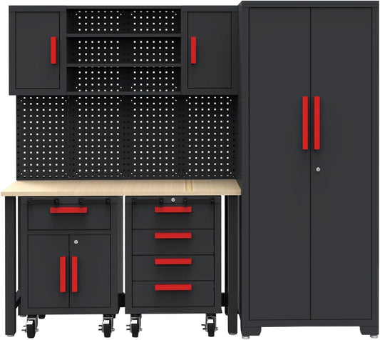 6-Pcs Garage Storage Cabinet System: Workshop Set with Steel Cabinet Drawers, Rolling Chest, Workbench, Pegboard for Tool Organization