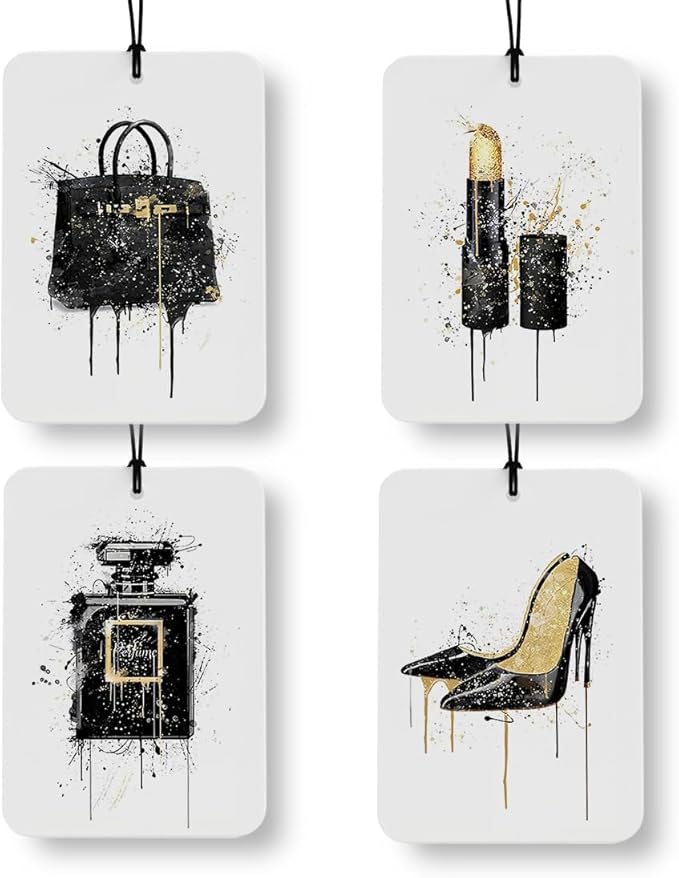 Black and Gold Bathroom Air Freshener 4 Pcs, Girly Bag Perfume Lipstick High Heels Air Freshener Hanging Decor for Bathroom Cars Closet Drawer Books Accessories Gifts