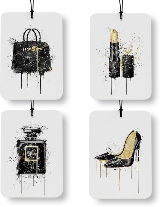 Black and Gold Bathroom Air Freshener 4 Pcs, Girly Bag Perfume Lipstick High Heels Air Freshener Hanging Decor for Bathroom Cars Closet Drawer Books Accessories Gifts