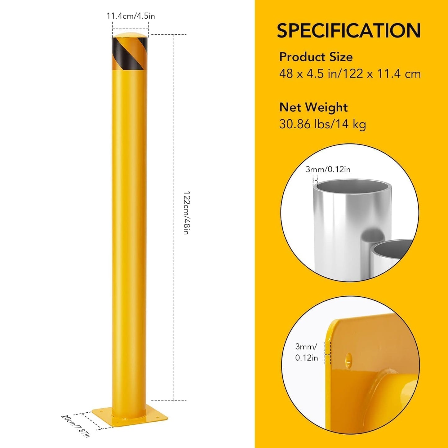 6Pcs Heavy Duty Safety Bollards, 48" Height, 4.5" Diameter Steel Pipe Bollard Post with 24 Anchor Bolts, High-Visibility Yellow Parking Bollard for Traffic Control, Warehouses, & Pedestrian Safety
