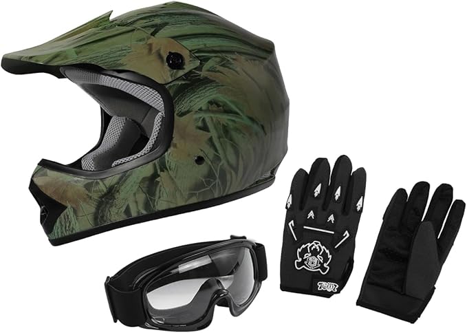 XFMT DOT Youth Kids Dirt Bike Helmet Full Face Motocross Helmets for Off-Road ATV Street Bike Four Wheeler Motorcycle with Goggles & Gloves(Maple Leaf, X-Large)