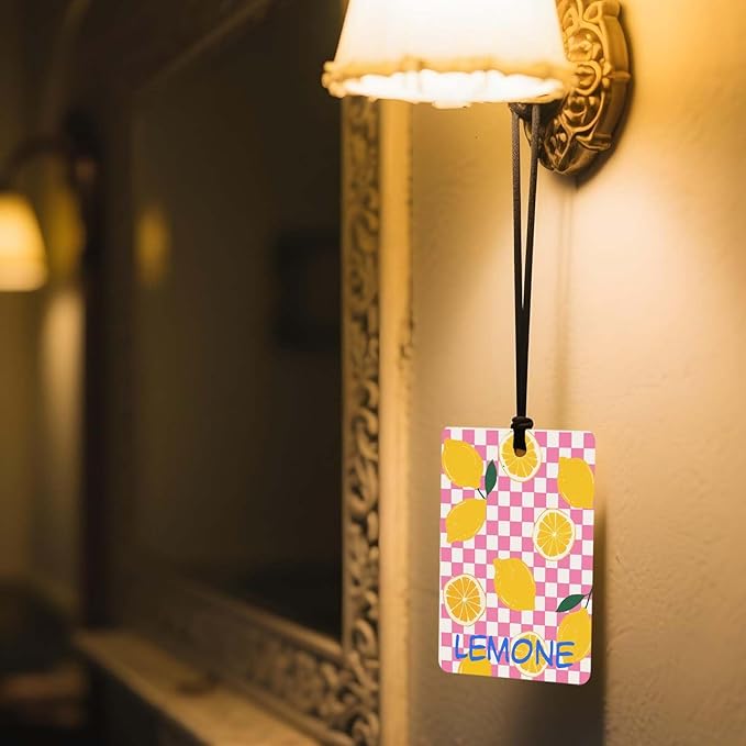 Checkered Fruit Car Air Freshener 4 Pcs, Lemon/Strawberry/Grape/Tomato Hanging Air Freshener for for Cars Closet Drawer Books, Decor for Car Accessories Mirror Decor for women.