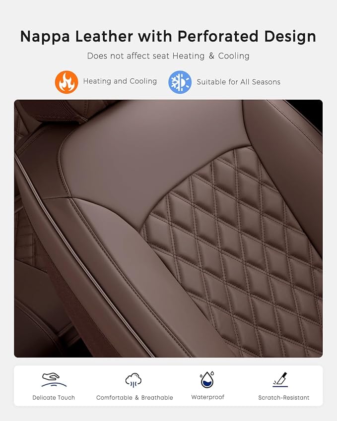 Huidasource Coffee Back Seat Cover, Nappa Leather Rear Seat Cover Velcro Adjustable, Compatible with Armrests, Seat belts, Child Safety Seats, Universal Fit for Most Cars SUVs Trucks (Back Row/Coffee)