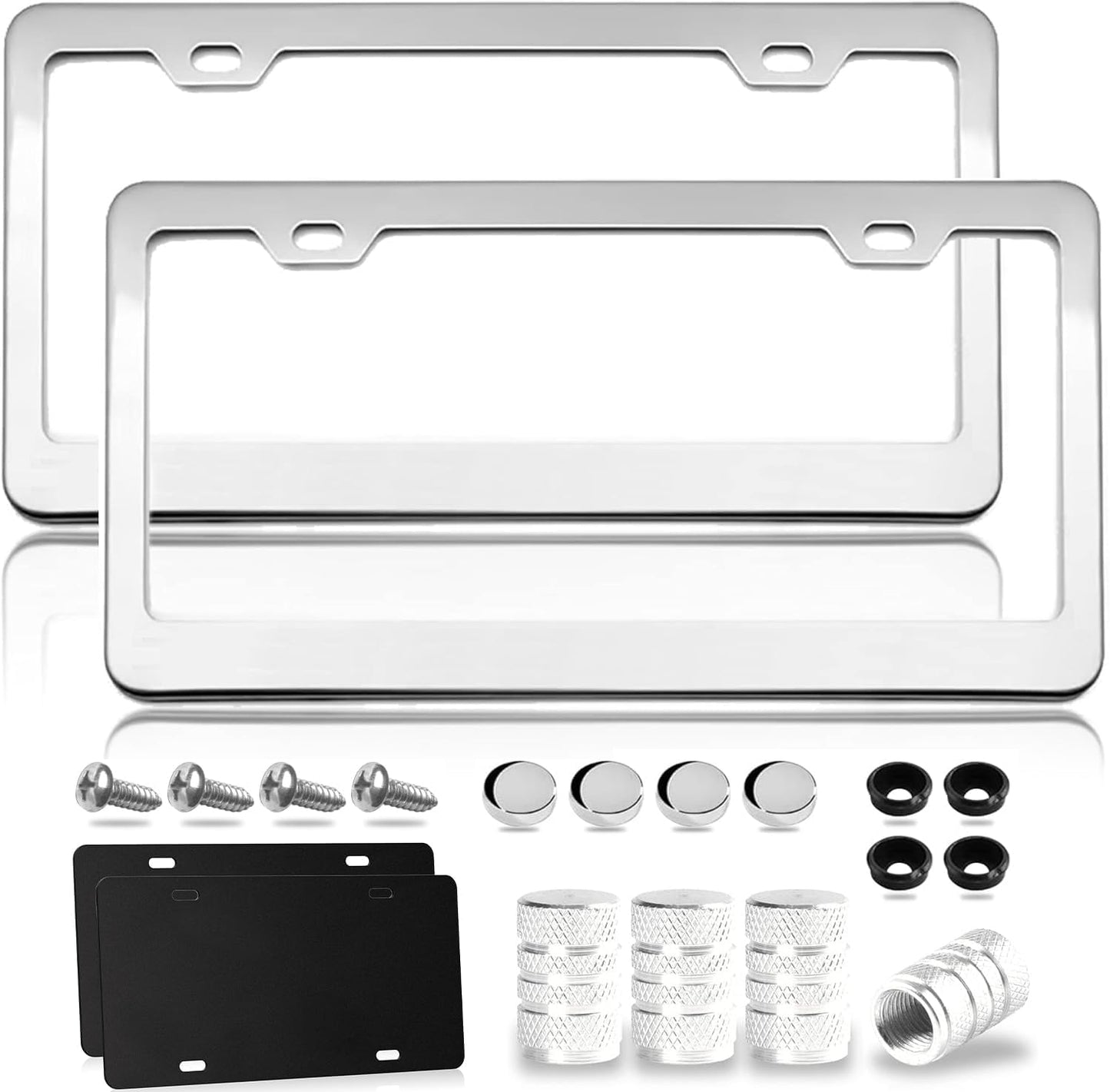 Mirror Polished Heavy Duty Stainless Steel License Plate Frame with Chrome Screw Caps, 2 Holes Rust-Proof Chrome-Like Finish Stainless Steel License Plate Frames 2 Pack