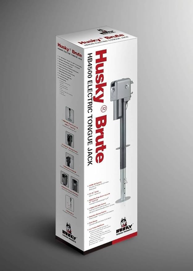 Husky Towing 87247 Brute Electric Trailer Tongue Jack 4500 lb Capacity 18 Inch Travel 6 Inch Drop Down Leg 3 LED Work Lights Bolt-On Gray