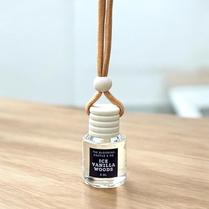Car Air Freshener with 1 Oz Refill included | Car scented on the go | Car Air Freshener | Long Lasting Hanging Fragrance | Phthalate Free Fragrance. (Iced Vanilla Woods, 8 ml)