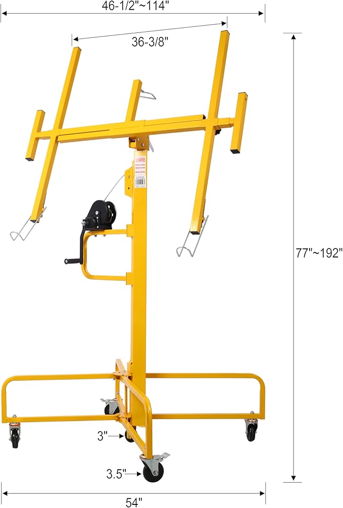 16FT Drywall Lift Sheetrock Lift, 150LBS Drywall Lift Panel Hoist with 4 Lockable Wheels for Ceiling, Drywall Rolling Lifter Panel, Drywall Jack Lift for Home & Commercial Use, Yellow