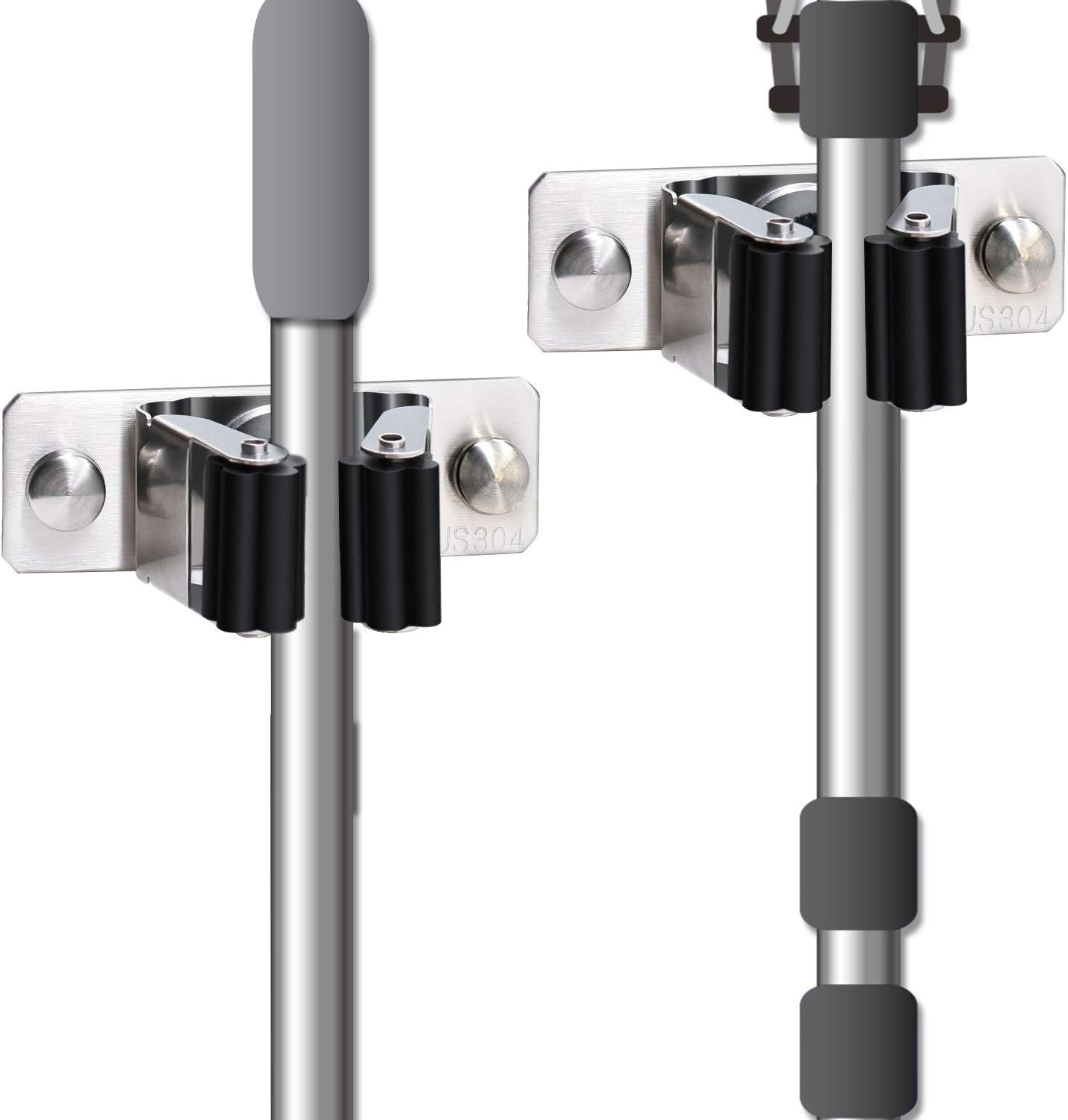 Mop and Broom Holder Wall Mount, 2PCS Heavy Duty Stainless Steel Broom Hanger Wall Mounted Broom Organizer Garage Organization Tool Organizer Storage for Laundry Room Home Garden Garage