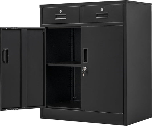 Metal Storage Cabinet, 36" H Locking Storage Cabinet with Two Drawers and Adjustable Shelf, Metal Cabinets for Office, Garage, Home-Black