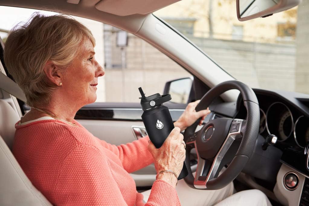 SENDESTAR Water Bottle 32oz,2 Lids(Straw lid),Wide Mouth Stainless Steel Vacuum Insulated Double Wall Keep Liquids Cold or Hot All Day,Sweat Proof Sport Design,Fit Car Cup Holder(Dark blue&Balck)