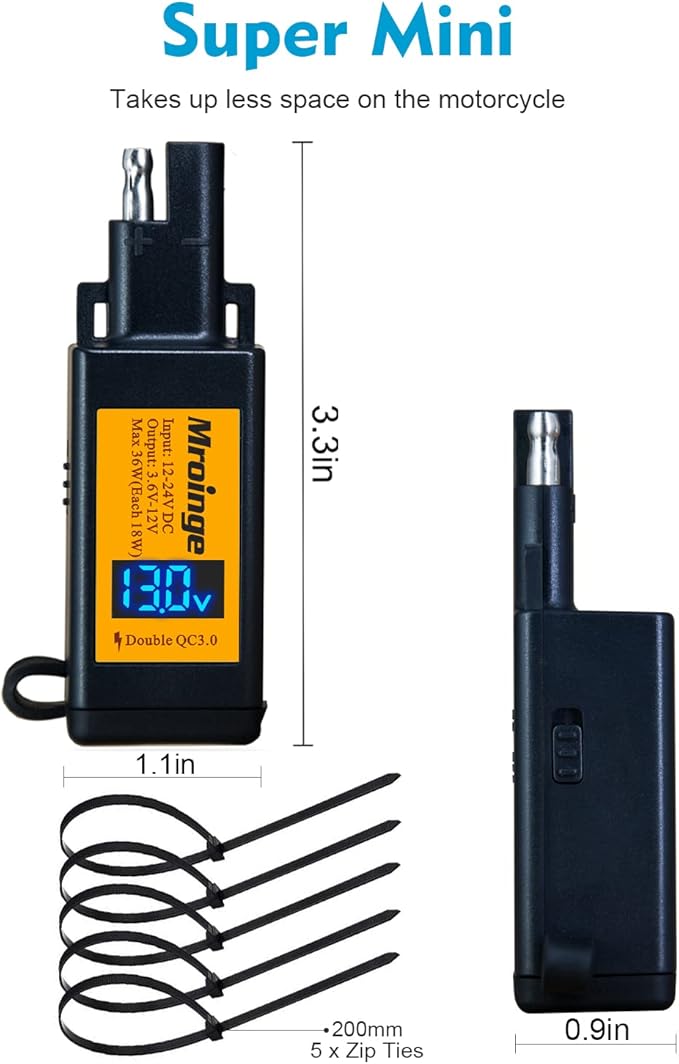 Motorcycle USB Charger, Mroinge 6.8A SAE to USB Adapter Dual Port QC3.0/2.0 Fast Charge, with Voltmeter/Ammeter & ON/Off Switch & 10A Fuse, Perfect for Your Phone or Smart Device Charging