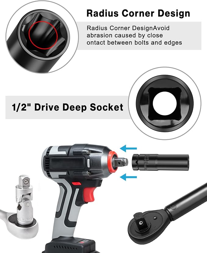 Lytool 10 Pieces 1/2" Drive Deep Impact Socket Set, Metric,Cr-V Steel, 6-Point, 8mm to 17mm, with Storage Cage