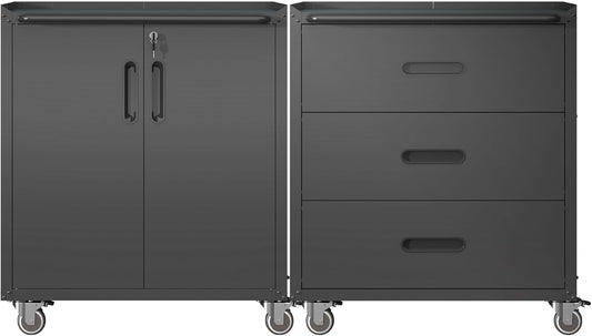 Metal Tool Cabinet,Garage Storage Cabinet System,Wall Cabinet & Locking Rolling Tool Cabinet with Doors and Adjustable Shelves,Steel Tool Cabinets for Home,Office (2 Pcs-StyleC, Black)