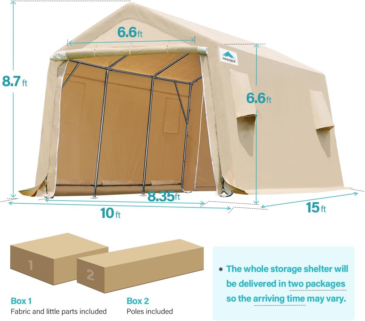 ADVANCE OUTDOOR 10x15 ft Shelter Storage Shed Steel Metal Peak Roof Portable Garage Carports for Motorcycle, Boat or Garden Tools with 2 Roll up Doors & Vents, Beige