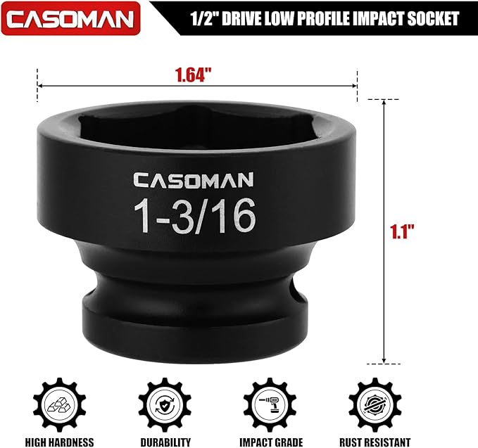 CASOMAN 1/2" Drive 1-3/16" Stubby Impact Socket Set, 6-Point, 1.1" Length, CR-MO, SAE