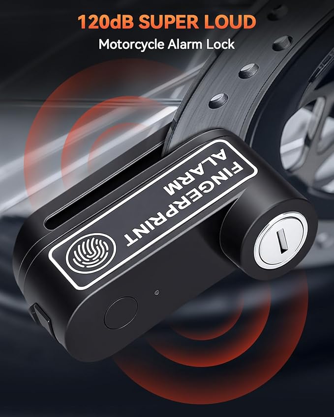 YBLNTEK Motorcycle Disc Brake Lock with Alarm, Fingerprint Anti-Theft Motorcycle Lock Rechargeable, 7mm Pin Disc Locks with 5ft Reminder Cable for Motorbike Scooter Bikes
