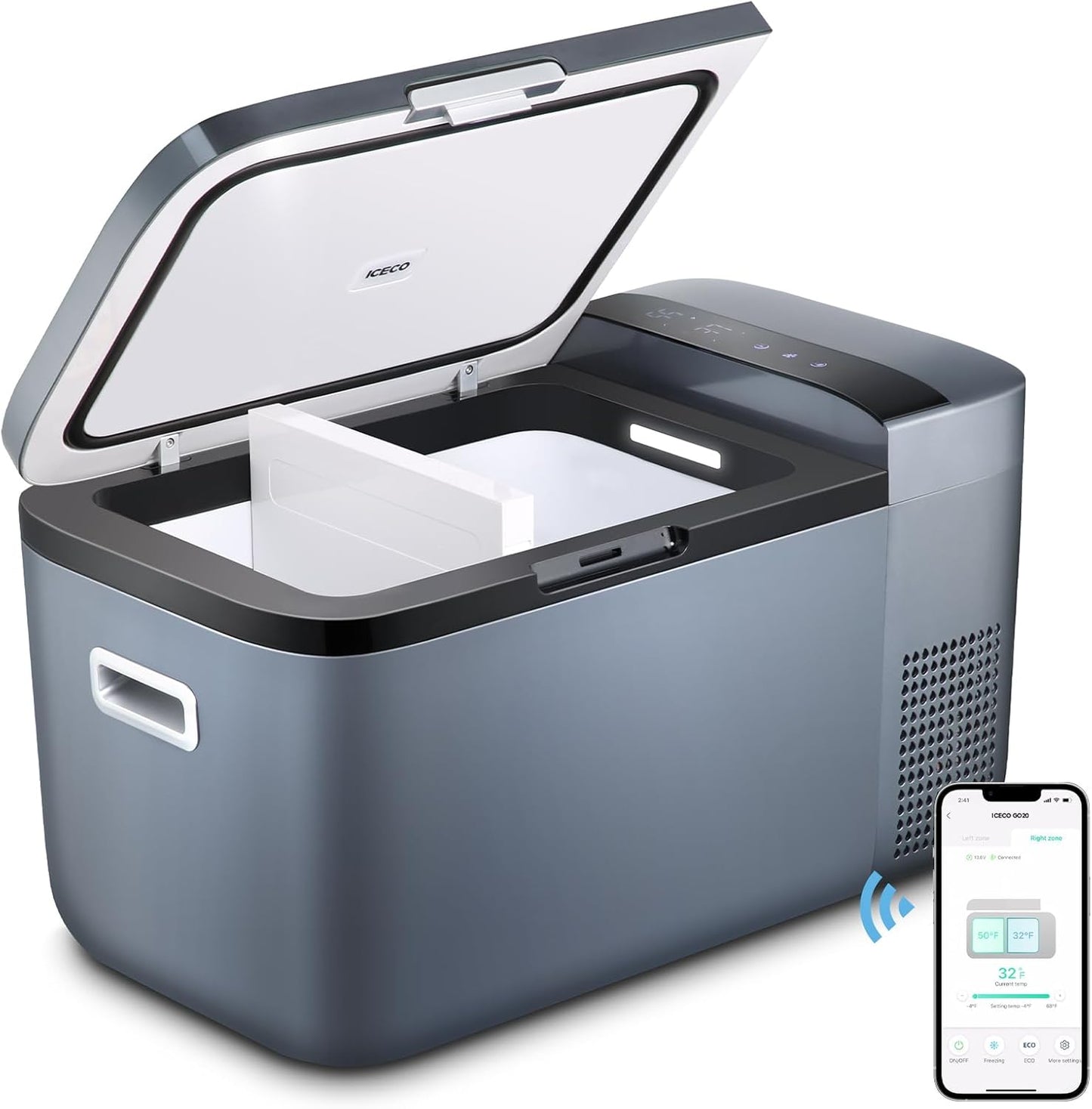 ICECO GO20 Dual Zone 12V Refrigerator, Portable Fridge Freezer with SECOP Compressor, DC 12/24V, AC 100-240V, 0℉ to 50℉, Electric Cooler for Truck, RV, SUV, Outdoor, Driving, 21 Quart, Gray